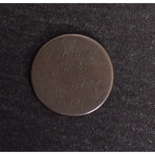 709 - An 18th century engraved halfpenny love token (possibly Transportation) date 1779, for 'Joan and Mar... 