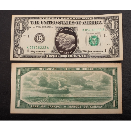 716A - A USA Apollo 11 Dollar banknote, 1969, togther with a Canadian one dollar note (2)