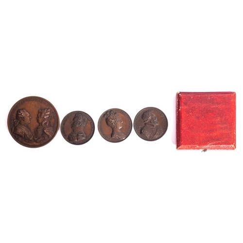 720 - A group of four French copper medallions, including a 60mm (approx.) Louis XVI and Marie Antoinette,... 