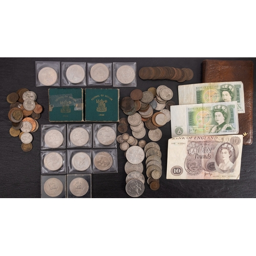 728 - A tin containing two 1951 Festival of Britain coins, five 1953 crowns, Paye £10 note etc.