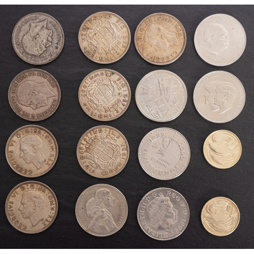 733 - Six  1937 crowns with two 1935 crowns, £5 and £2 coins etc.