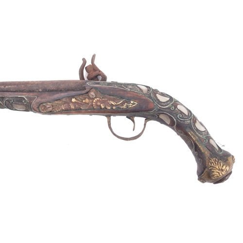 99 - An Indian reproduction flintlock pistol, with pewter wire and abalone inlaid stock, 43cm long.