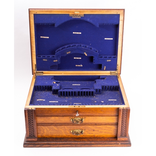 1 - An early 20th century oak canteen case, hinged lid opens to reveal a fitted interior, with two drawe... 