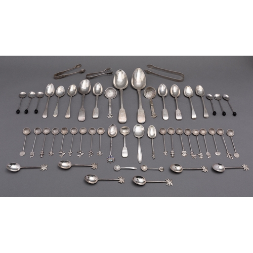 102 - A mixed group of silver spoons including;  two Fiddle pattern table spoons, eleven tea spoons, a set... 