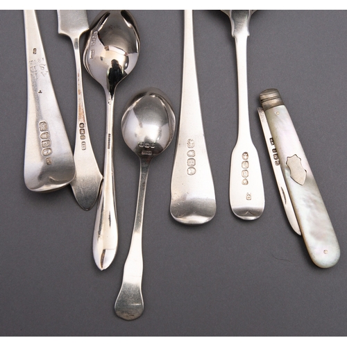 103 - A mixed group of silver flatware including; a cased set of six Sheffield teaspoons and a pair of sug... 