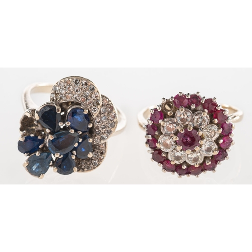 1045 - Two diamond and gem-set cocktail rings, including a flowerhead cluster ring set with circular-cut ru... 