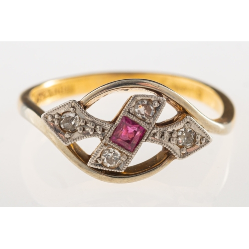 1050 - An Art Deco ring, set with a square-cut red stone and four single-cut diamonds, marked 18ct & PLAT, ... 