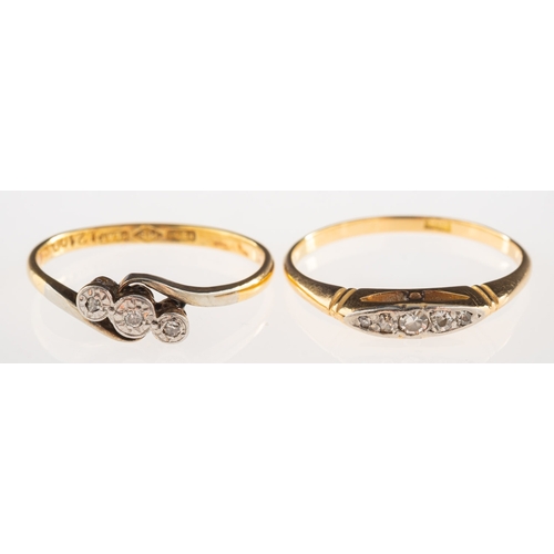 1062 - Two diamond set rings, including a ring set with five graduated old-cut diamonds, marked 18K, size R... 