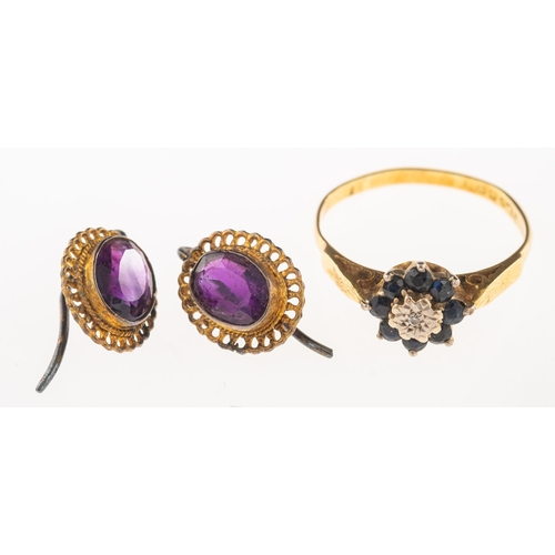 1063 - An 18ct gold sapphire and diamond ring and a pair of earrings, an 18ct gold ring of flowerhead form ... 