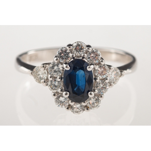 1065 - A sapphire and diamond cluster ring, set to the centre with an oval-cut sapphire and a surround of b... 