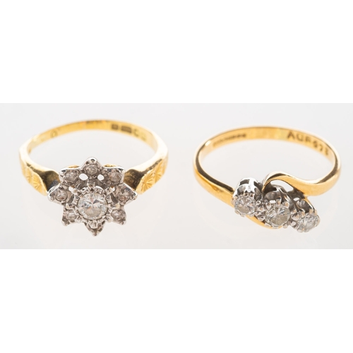 1105 - Two 18ct gold diamond rings, including a three stone twist ring set with three brilliant-cut diamond... 