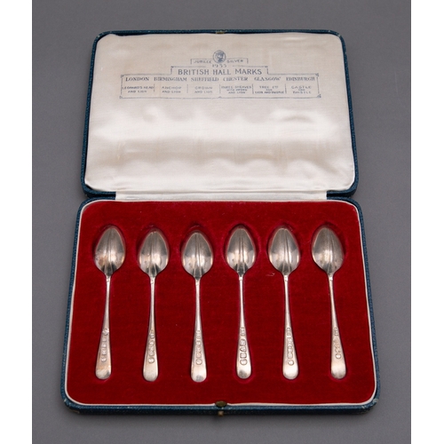 112 - A cased set of six George V silver Old English Rat Tail coffee spoons by Roberts & Belk Ltd, London ... 