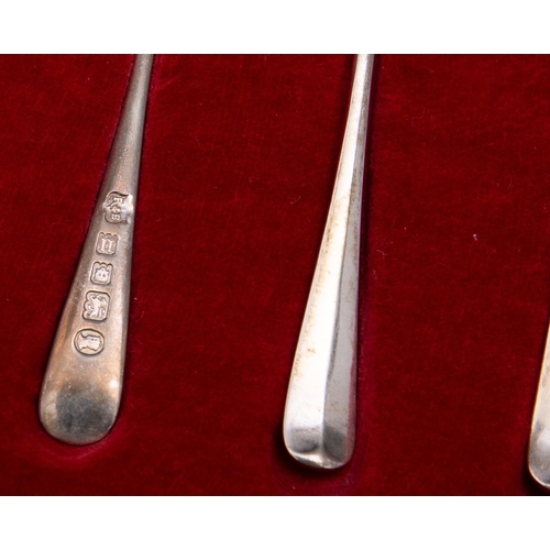 112 - A cased set of six George V silver Old English Rat Tail coffee spoons by Roberts & Belk Ltd, London ... 