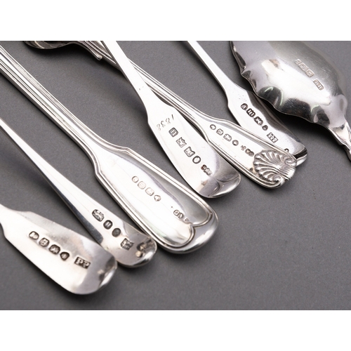 119 - A mixed group of silver spoons including; Victorian silver Fiddle and Thread pattern sauce ladle by ... 