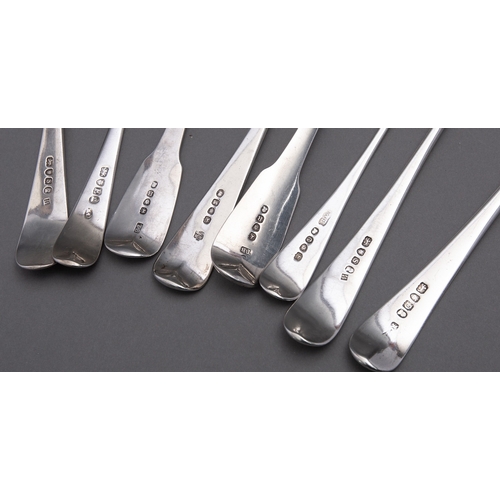 126 - A mixed group of silver spoons including; five George III Old English pattern table spoons, London v... 