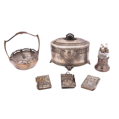 2 - A mixed group of Continental silver plate including; an early 20th century oval oxidized biscuit box... 