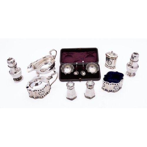 24 - A mixed group of silver including; an Elizabeth II three piece cruet set Francis Howard Ltd, Sheffie... 