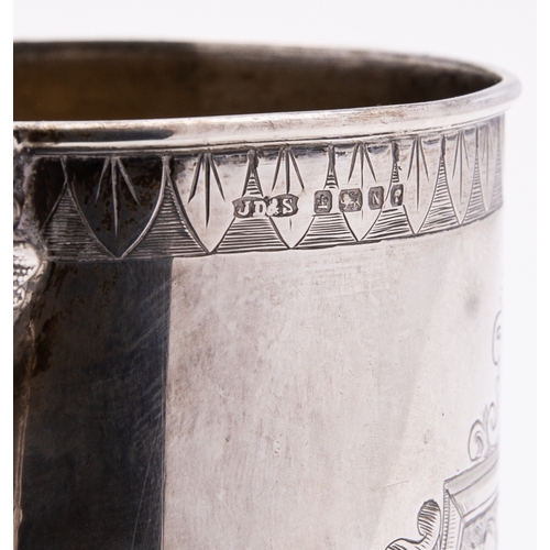 295 - A Victorian silver mug by James Deakin & Sons, Sheffield 1880, of cylindrical form, with straight C ... 