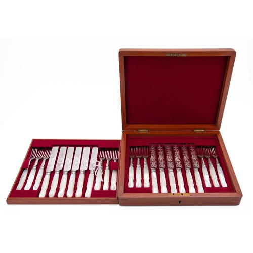 3 - A cased set of twelve mother of pearl and close plated dessert knives and forks, unmarked, decorated... 