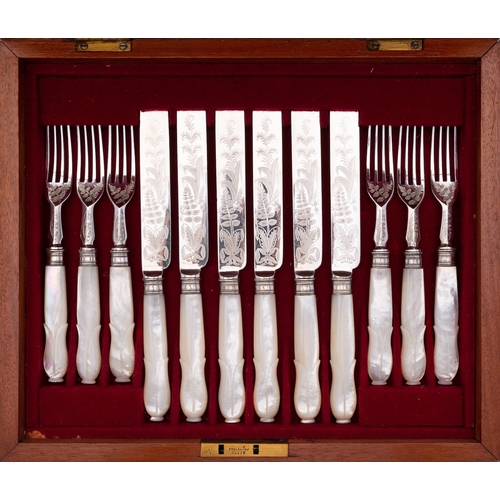 3 - A cased set of twelve mother of pearl and close plated dessert knives and forks, unmarked, decorated... 