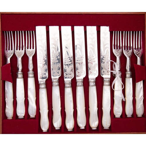 3 - A cased set of twelve mother of pearl and close plated dessert knives and forks, unmarked, decorated... 