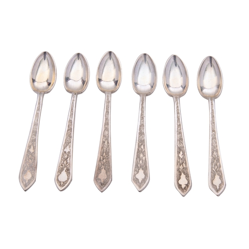 327 - A set of mid 20th century Iranian silver coffee spoons, one marked, 10cm long, 68gs., (2.1ozs.), gro... 