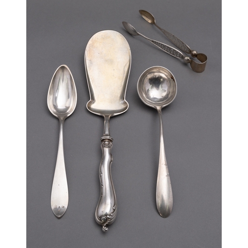 333 - A mixed group of Continental silver flatware including; a Danish silver cake slice by A. Dragsted, C... 