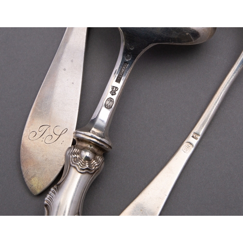 333 - A mixed group of Continental silver flatware including; a Danish silver cake slice by A. Dragsted, C... 