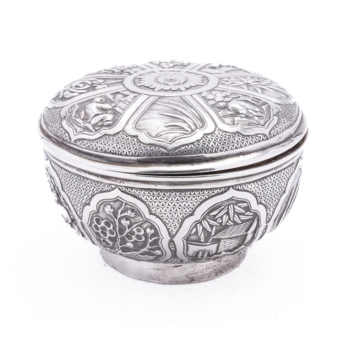 335 - A Chinese export silver bowl and cover maker's mark rubbed, the domed pull off cover, embossed decor... 