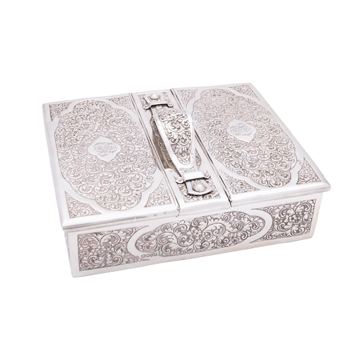 362 - A Victorian silver double cigar box by William Leuchars, London 1888, of rectangular form, arched ha... 