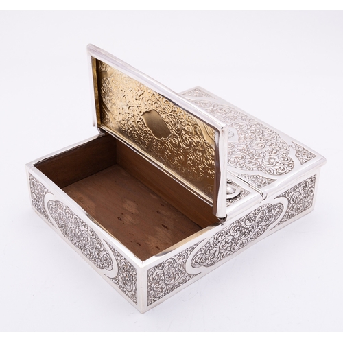 362 - A Victorian silver double cigar box by William Leuchars, London 1888, of rectangular form, arched ha... 