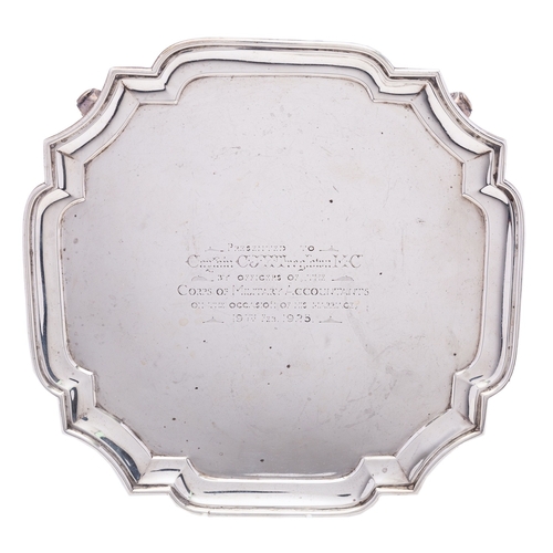 374 - A George V silver salver by C S Harris & Sons Ltd, London 1924,  of square form, with engraved inscr... 