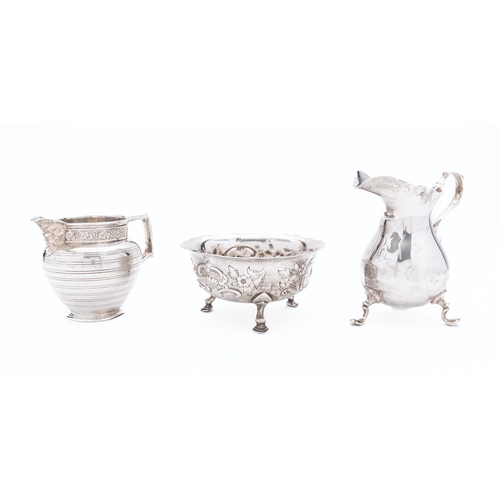 38 - A mixed group of silver including; a cream jug by Edward Barnard & Sons Ltd, London 1908, banded dec... 