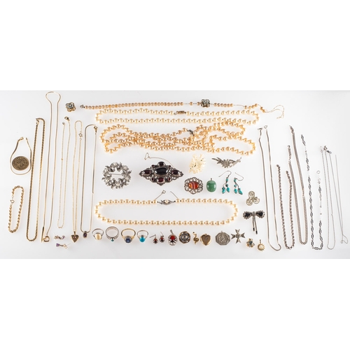 410 - A mixed group of costume and silver jewellery, including a boxed string of Majorica pearls, clasp ma... 