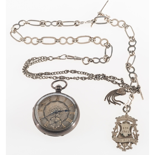 441 - A silver pocket watch the single chain fusee movement having an engraved cock to the plain steel bal... 