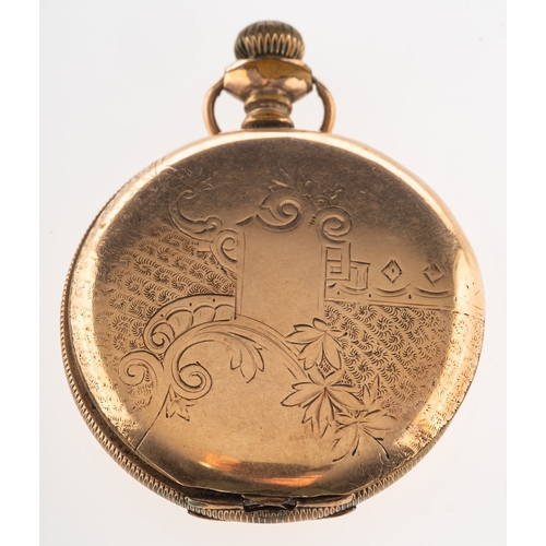 443 - Elgin. A pocket watch, with ornate engraving to front and back panels, white enamelled dial with Rom... 