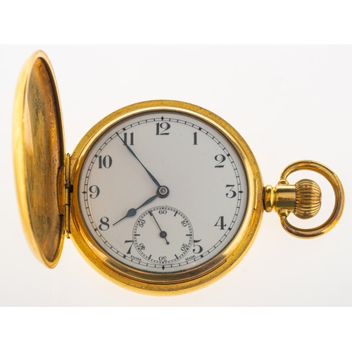 444 - Dennison a gold-plated full-hunter pocket watch the white enamel dial having black Arabic numerals, ... 