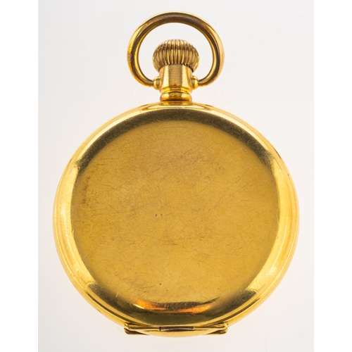 444 - Dennison a gold-plated full-hunter pocket watch the white enamel dial having black Arabic numerals, ... 