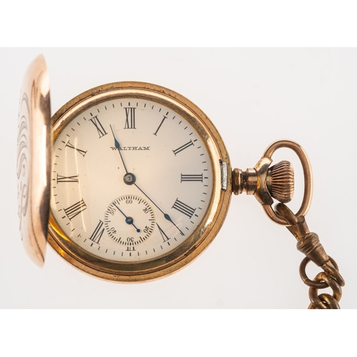 445 - Waltham a gold-plated full-hunter pocket watch the white enamel dial having black Roman numerals, a ... 