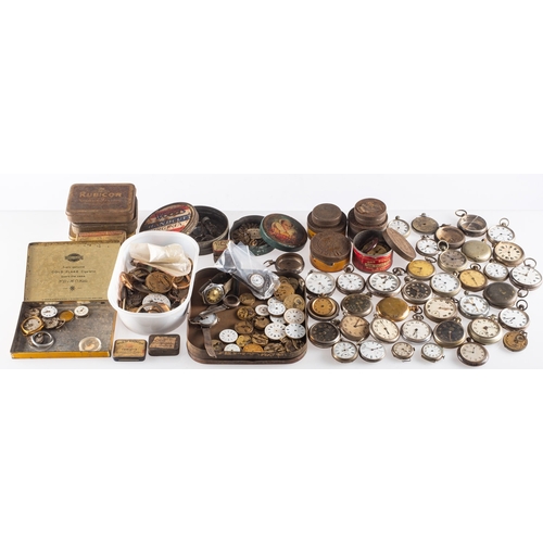 446 - A quantity of various wrist and pocket watch parts to include three large tins of wristwatch movemen... 