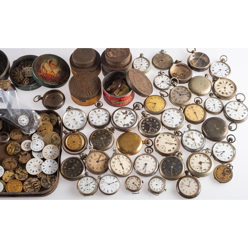 446 - A quantity of various wrist and pocket watch parts to include three large tins of wristwatch movemen... 