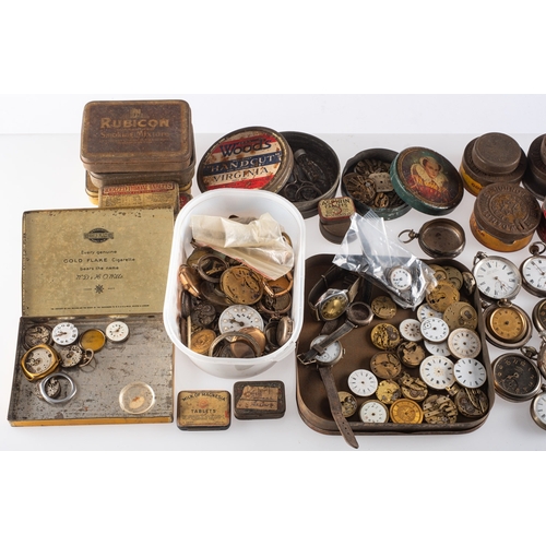 446 - A quantity of various wrist and pocket watch parts to include three large tins of wristwatch movemen... 