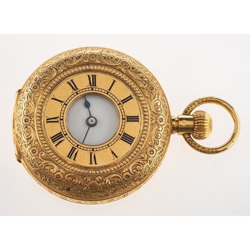 447 - Frengley Bros, Dublin, an 18ct gold half-hunter pocket watch the white dial having black Roman numer... 