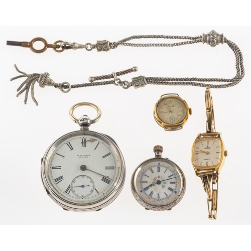 449 - Four watches - W.R. Lisle, Exeter retailer, a silver open-faced pocket watch the white dial having b... 