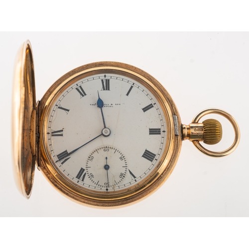 451 - Thomas Russell & Son, Liverpool a 9K gold full hunter pocket watch the white dial having black Roman... 