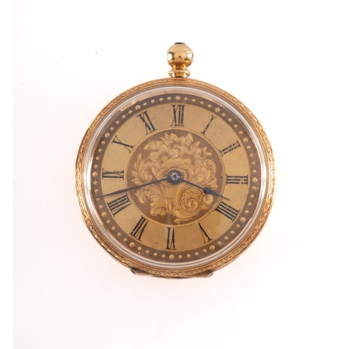 451A - An 18ct gold ladies open-faced pocket watch the gold dial having a finely engraved centre, black Rom... 