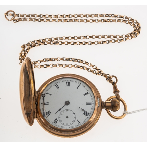 452 - An Edwardian gold-plated full hunter pocket watch, the white enamel dial with black Roman numerals, ... 