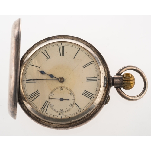 456 - A silver half-hunter pocket watch the white enamel dial having black Roman hour numerals, a subsidia... 