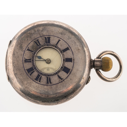 456 - A silver half-hunter pocket watch the white enamel dial having black Roman hour numerals, a subsidia... 