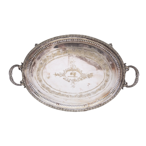 5 - A mixed group of silver plated wares including; a large oval tray, an Elkington plate two handled su... 